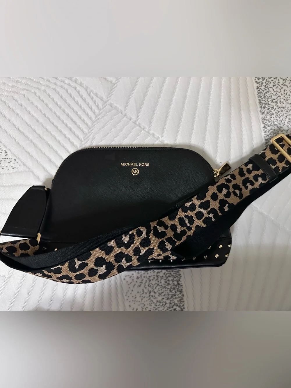 Michael Kors Black Leather Crossbody with Leopard-Print Strap